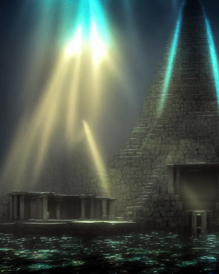 Prompt: full color, wide shot of submerged pre - incan temple, dark, underwater, symmetrical, crepuscular rays, bubbles, abyss, grenada underwater statue park, anime style mixed with fujifilm, very dark, murky, foggy, atmospheric, artstation, cgsociety, octane render, cgi, unreal engine 5, denoise, detailed, cinematic masterpiece