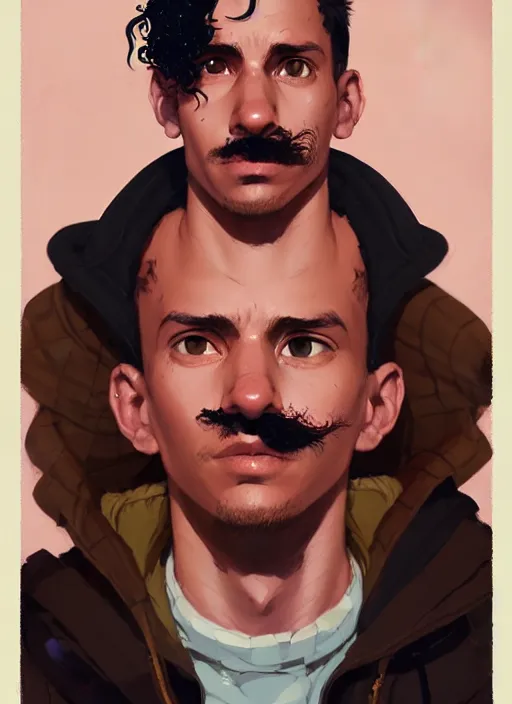 Image similar to highly detailed portrait of a sewer punk guy worker, thirties, black hair, brown eyes, small mustache, tartan hoody, short curly hair by atey ghailan, by greg rutkowski, by greg tocchini, by james gilleard, by joe fenton, by kaethe butcher, gradient pink, brown, light blue and white color scheme,