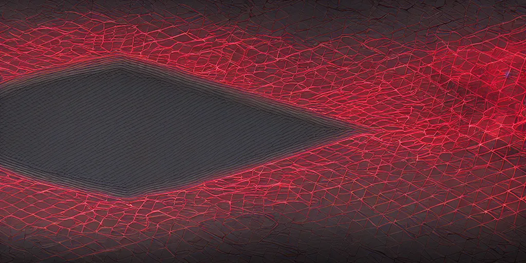 Image similar to electric pitchfork widescreen 8k trending on artstation, volumetric lighting with crimson-black hexagonal background