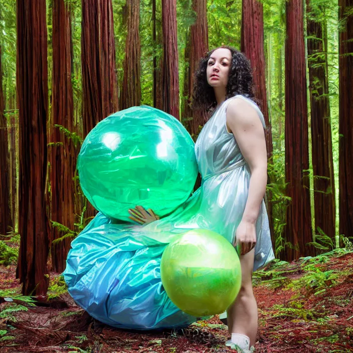 Prompt: a color photograph, closeup portrait of a woman wrapped in plastic, standing next to a bismuth orb, in a redwood forest, color photograph, by vincent desiderio, canon eos c 3 0 0, ƒ 1. 8, 3 5 mm, 8 k, medium - format print