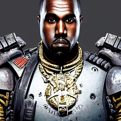 Image similar to Portrait of Kanye West as the emperor of humanity from warhammer 40k in Gears of War, splash art, movie still, detailed face, photorealistic facial features, cinematic lighting, dramatic, octane render, long lens, shallow depth of field, bokeh, anamorphic lens flare, 8k, hyper detailed, 35mm film grain