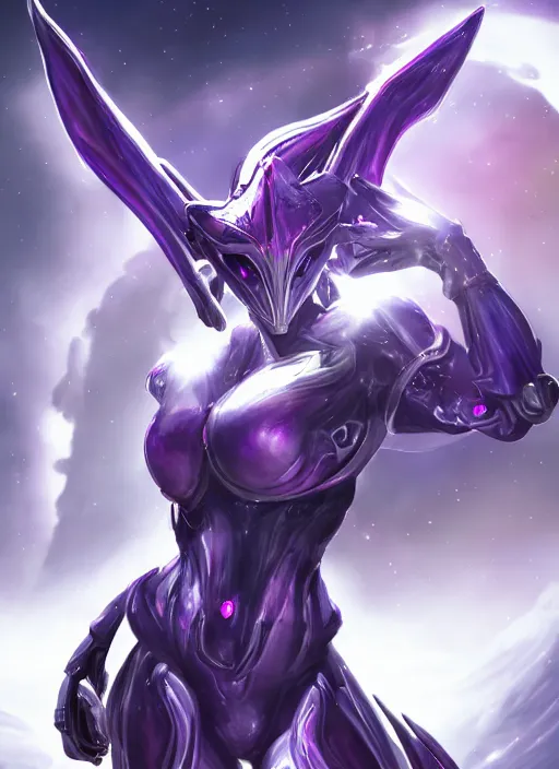 Image similar to cinematic close shot, galactic sized goddess, proportional stunning beautiful hot female warframe, sleek mecha female dragon head, metal ears, led purple eyes, smooth fuschia skin, smooth silver armor, floating in space, holding a galaxy, epic proportions, epic size, epic scale, furry art, dragon art, giantess art, warframe fanart, furaffinity, octane