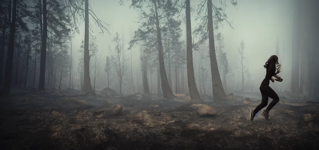 Prompt: young woman running towards the camera with a forest fire behind her, smoke on the ground, fog, Bleak. big stones, Dark mood. Mysterious. Doom. Realistic painting. photobashing, matte painting, highly detailed,