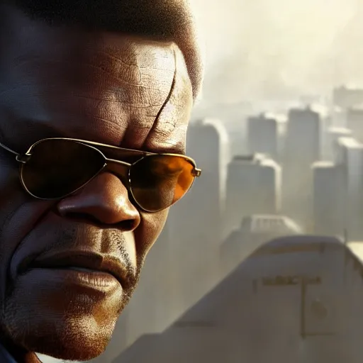 Prompt: closeup portrait of a young samuel jackson as the terminator, city background, dramatic light, gorgeous view, depth, high detail, digital art, painted by greg rutkowski, trending on artstation