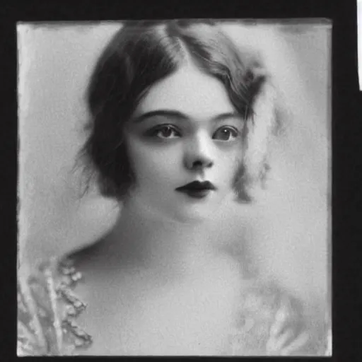 Image similar to headshot edwardian photograph of elle fanning, 1 9 2 0 s film actress, realistic face, 1 9 1 0 s, grainy, victorian, detailed, soft blur