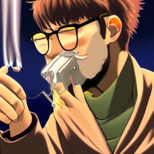 Image similar to gendo ikari smoking a joint, ultrarealistic