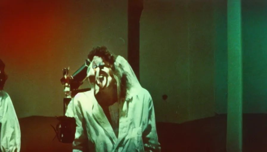 Prompt: 7 0 s film still from a horror movie of a mad scientist conducting horrific experiments, kodachrome, cinecolor, cinestill, photorealism, cinematic, film grain, film texture, vhs recording