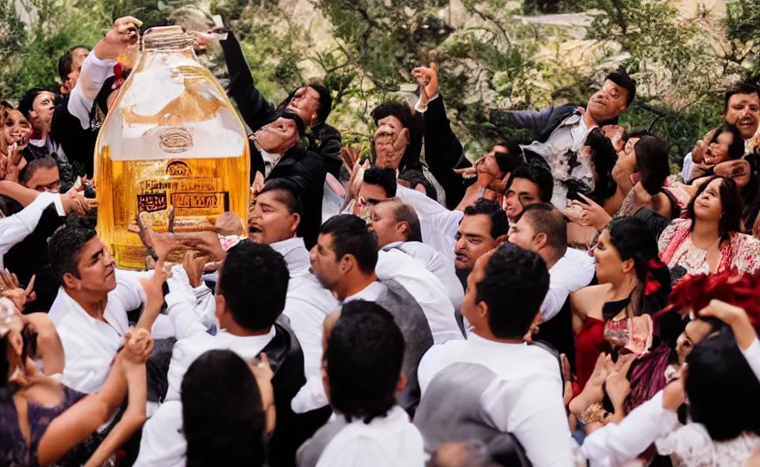 Prompt: a crowd of mexicans dancing around a giant tequila bottle in a wedding,