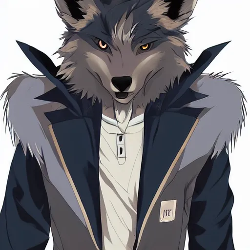 Image similar to key anime visual portrait of an anthropomorphic anthro wolf fursona, in a jacket, with handsome eyes, official modern anime art