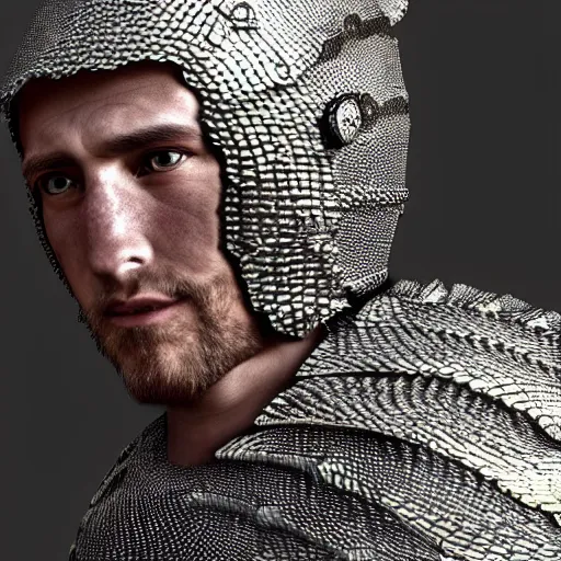 Prompt: Portrait of a medieval warrior wearing armor made of dragon scales, hyperrealistic digital art