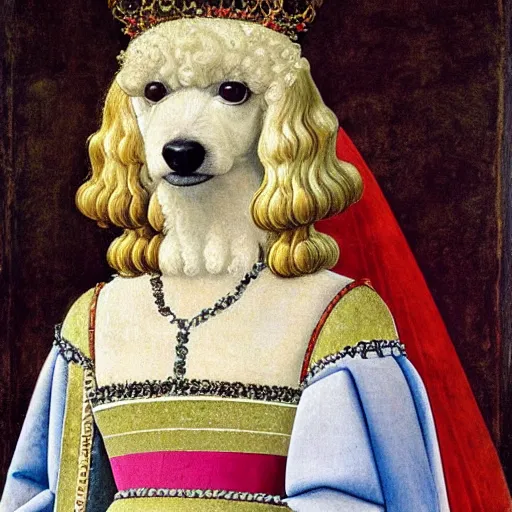 Image similar to portrait of a white poodle dog as an italian queen, painting by botticelli, 1 4 8 0 s