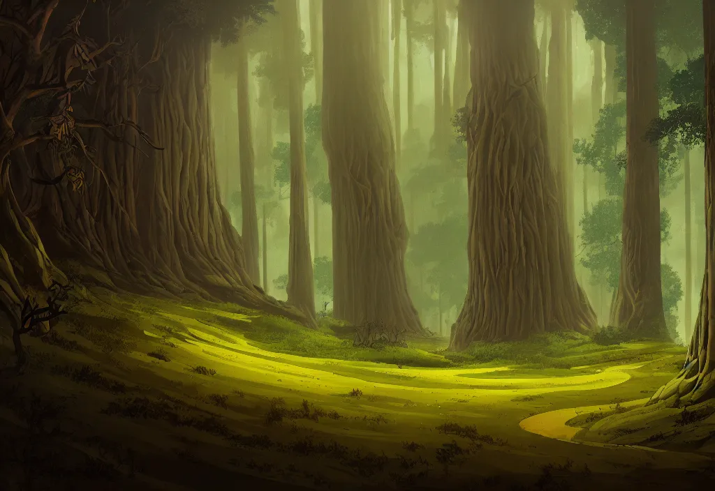 Prompt: blurry view of the background of a forest that has an endless pit in the bottom of the image, stylised painting, visible brush strokes, forest, medieval architecture, dynamic lighting, aesthetics, smooth, d & d, fantasy, asymmetrical, intricate, elegant, matte painting, illustration
