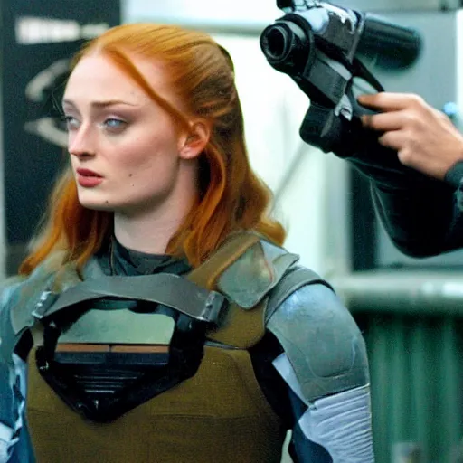 Image similar to sophie turner as starbuck from battlestar galactica 2 0 0 3, behind the scenes photo