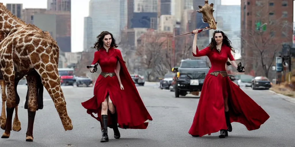 Prompt: gal gadot, in a red victorian era dress, rides on the back of a huge giraffe necked albino elk as it walks thru the deserted streets of downtown cleveland