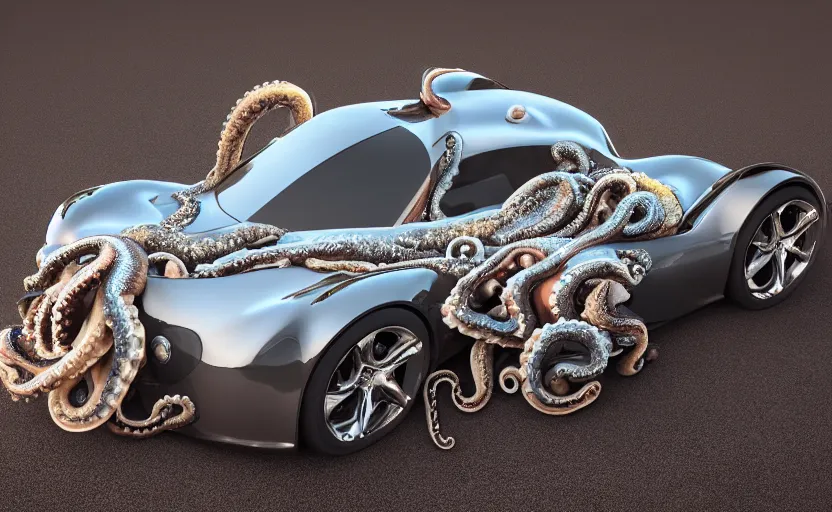 Image similar to car made of octopus, luxury HD render, sports car with tentacles, car made of shiny octopus flesh, half car half octopus, 4k