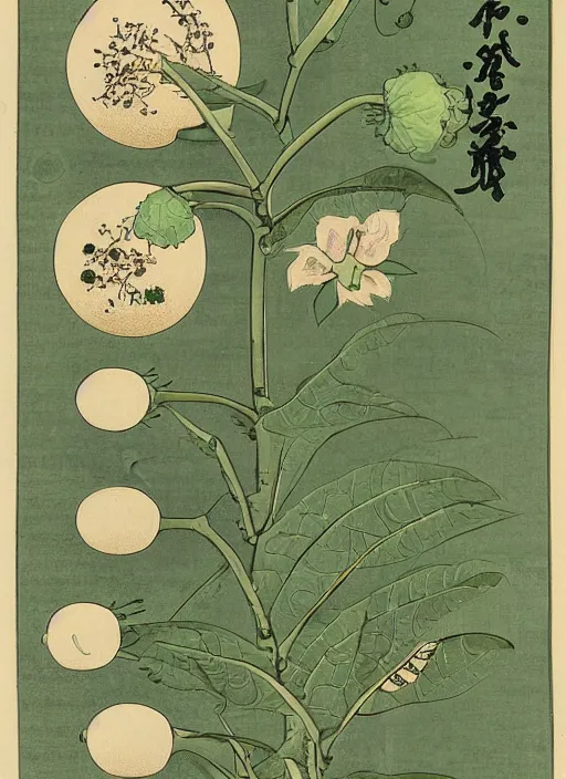 Image similar to scientific botanical illustration of a green plant with eyeballs instead of flowers, Ukiyo-e