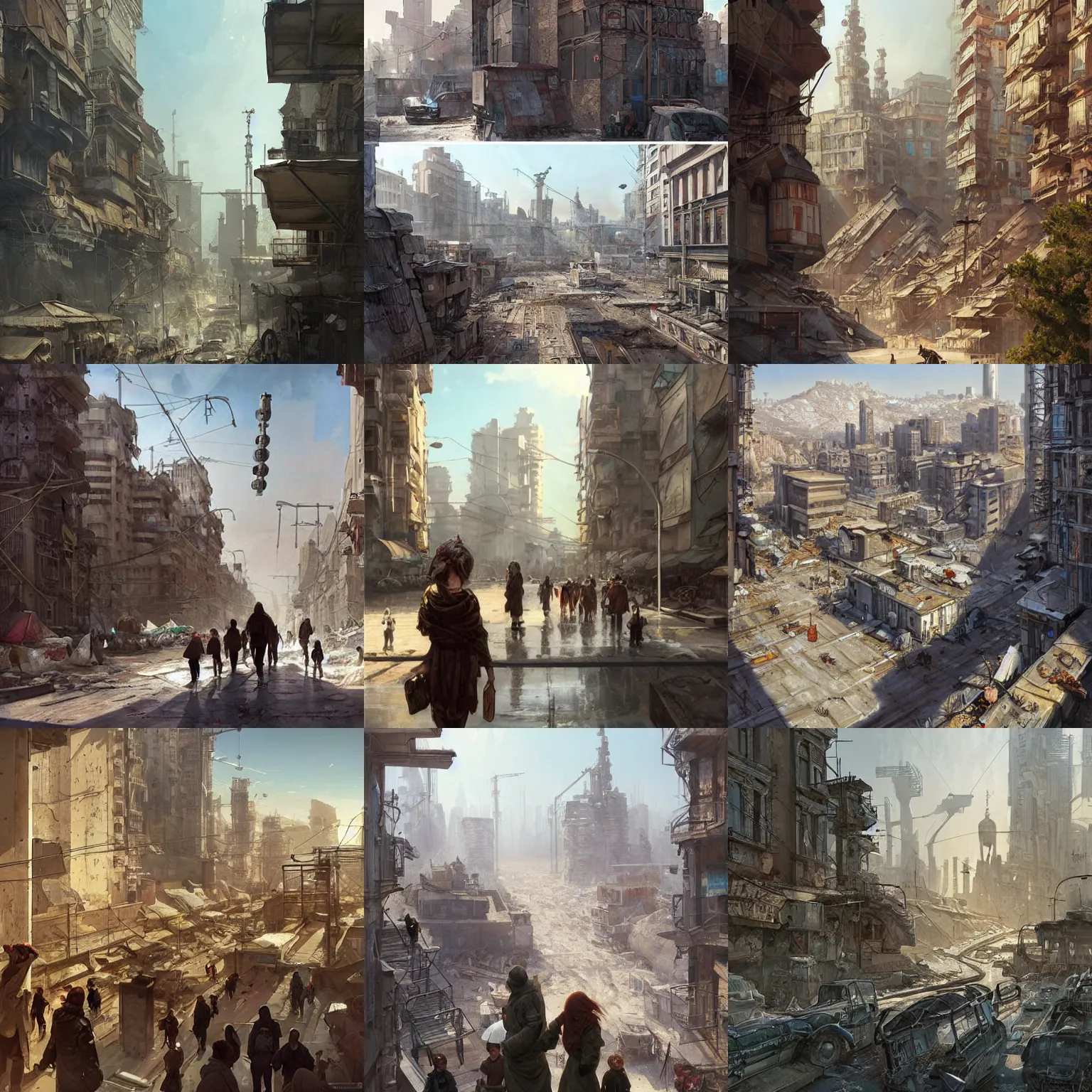 Prompt: russian city, post - apocalyptic, a view from the eyes on the street, a wonderful future, cyberpunk greek architecture, a crowd of adults and children, holiday, joy, a clear day. highly detailed, digital painting, artstation, concept art, matte, sharp focus, illustration, art by artgerm and greg rutkowski and alphonse mucha