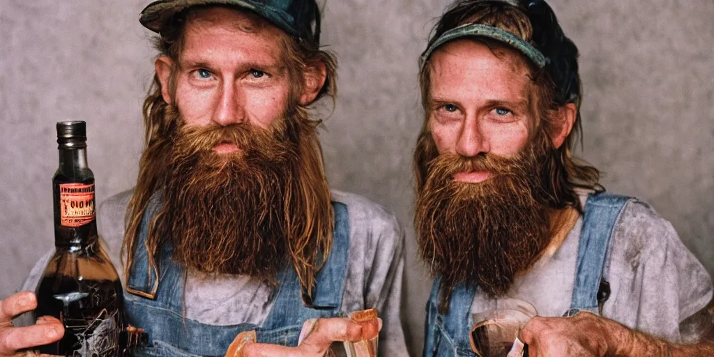 Prompt: extremely skinny malnourished redneck white male with long beard, wearing dirty overalls, dirty greasy face, grin, portrait, close up, he is proudly holding a jug of whiskey, kodak gold 2 0 0, 5 0 mm