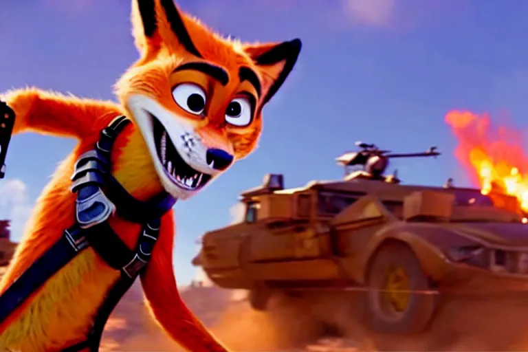 Image similar to nick wilde, heavily armed and armored facing down armageddon in a dark and gritty reboot from the makers of mad max : fury road : witness me