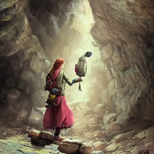 Prompt: an adventurer finding a big cake in a dark mysterious cave, digital art, highly-detailed, artstation cgsociety masterpiece