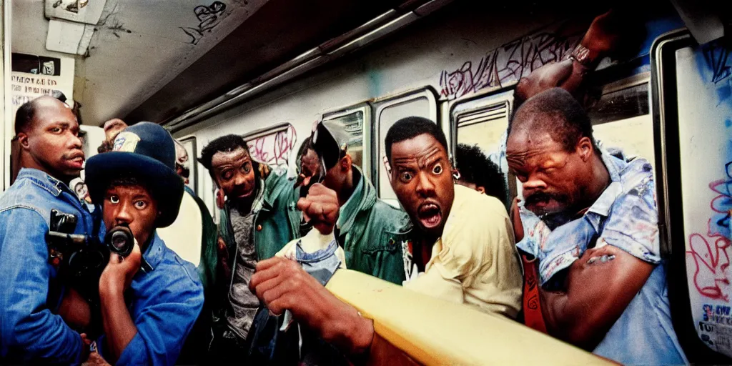 Image similar to new york subway cabin 1 9 8 0 s inside all in graffiti, black guy threatens another black guy with a gun, coloured film photography, christopher morris photography, bruce davidson photography