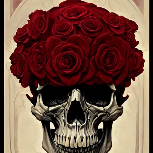 Image similar to skull made of red roses, organic horror, devil, death, giger, epic, baroque, extremely detailed and intricate, artstation, digital painting, alphonse mucha, artgerm, greg rutkowski, cgsociety