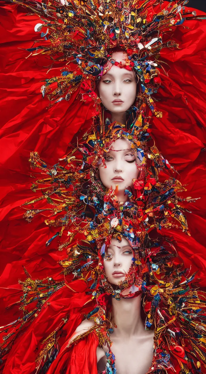 Prompt: a female character design, full body, wearing high fashion, beads hanging over her face like an alexander mcqueen headdress, costume by eiko ishioka, haute couture, dior, and a red cape by moebius, steven outram, colourful and psychedelic, hd, 8 k, artstation, high quality, ultra detailed