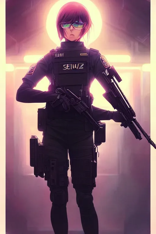Prompt: anime key visual of a young female swat officer, neon, cyberpunk, futuristic, stunning, highly detailed, digital painting, smooth, soft focus, illustration, movie poster, japanese typography, digital art from artstation by artgerm and greg rutkowski and alphonse mucha