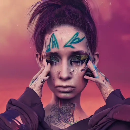 Prompt: digital painting of a streetwear woman holding back tears, a futuristic shanty town burns in the background, distress, tattoos, dark strokes, dark glitter, 4k, 8k, hd, full color, octane render, trending on artstation, highly detailed