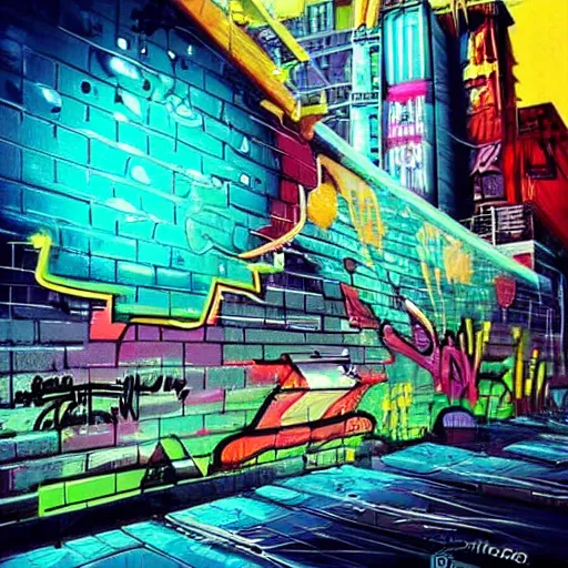 Image similar to beautiful graffiti on a wall in a cyberpunk city, happy mood, futuristic, neon, high detail, sunset, realistic