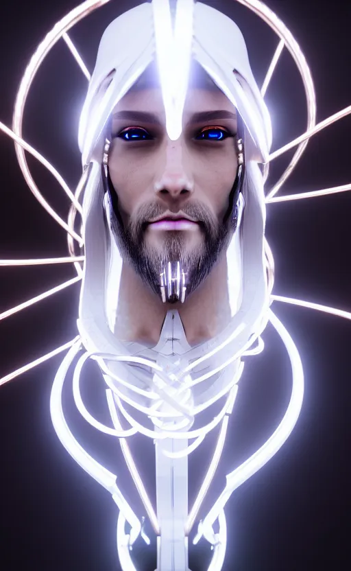 Prompt: white cyborg Jesus, cyber copper spiral decorations, white elegant baroque design, headshot half figure, photorealistic, 8k, hyper detailed, unreal engine, trending on artstation