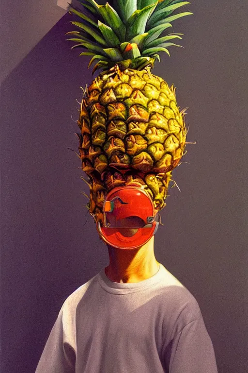 Prompt: Plumber wearing oculus and pineapple over his head, Edward Hopper and James Gilleard, Zdzislaw Beksisnski, highly detailed