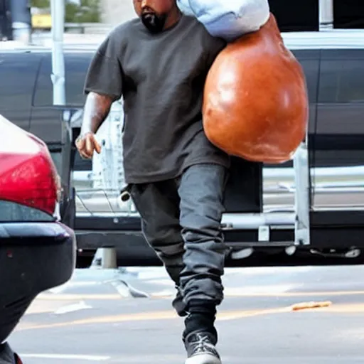 Prompt: kanye west carrying a giant cheeseburger