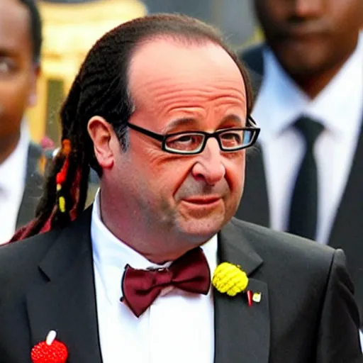 Prompt: François Hollande in tuxedo with short beaded dreadlocks, lots of short dreadlocks on the head, short dreadlocks with beads