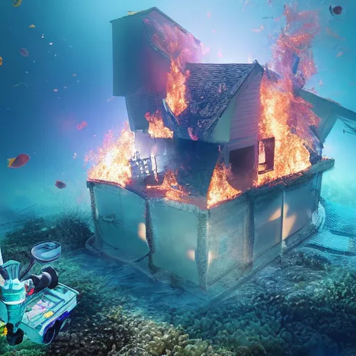 Image similar to a house burning underwater, with a humanoid robot, 8 k resolution, colorful, mariana trench