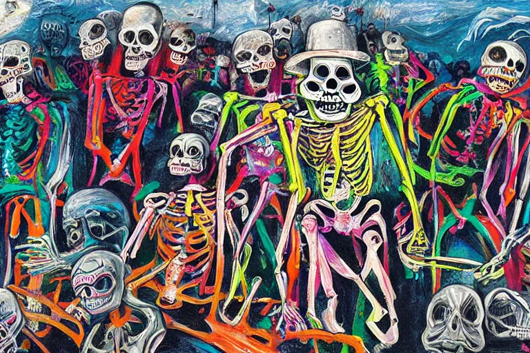 Image similar to scene from surfing, day of the dead, cyber skeleton, neon painting by otto dix