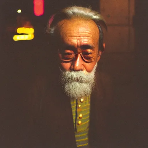 Prompt: old man in tokyo at night, wearing gold chain, gold rings, cinestill 8 0 0,