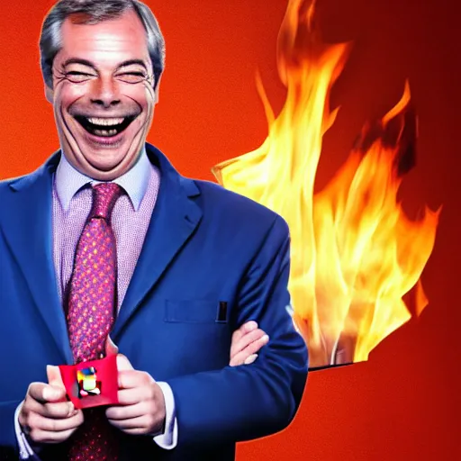 Image similar to nigel farage laughing holding burning eu flag, studio photograph, hd, studio