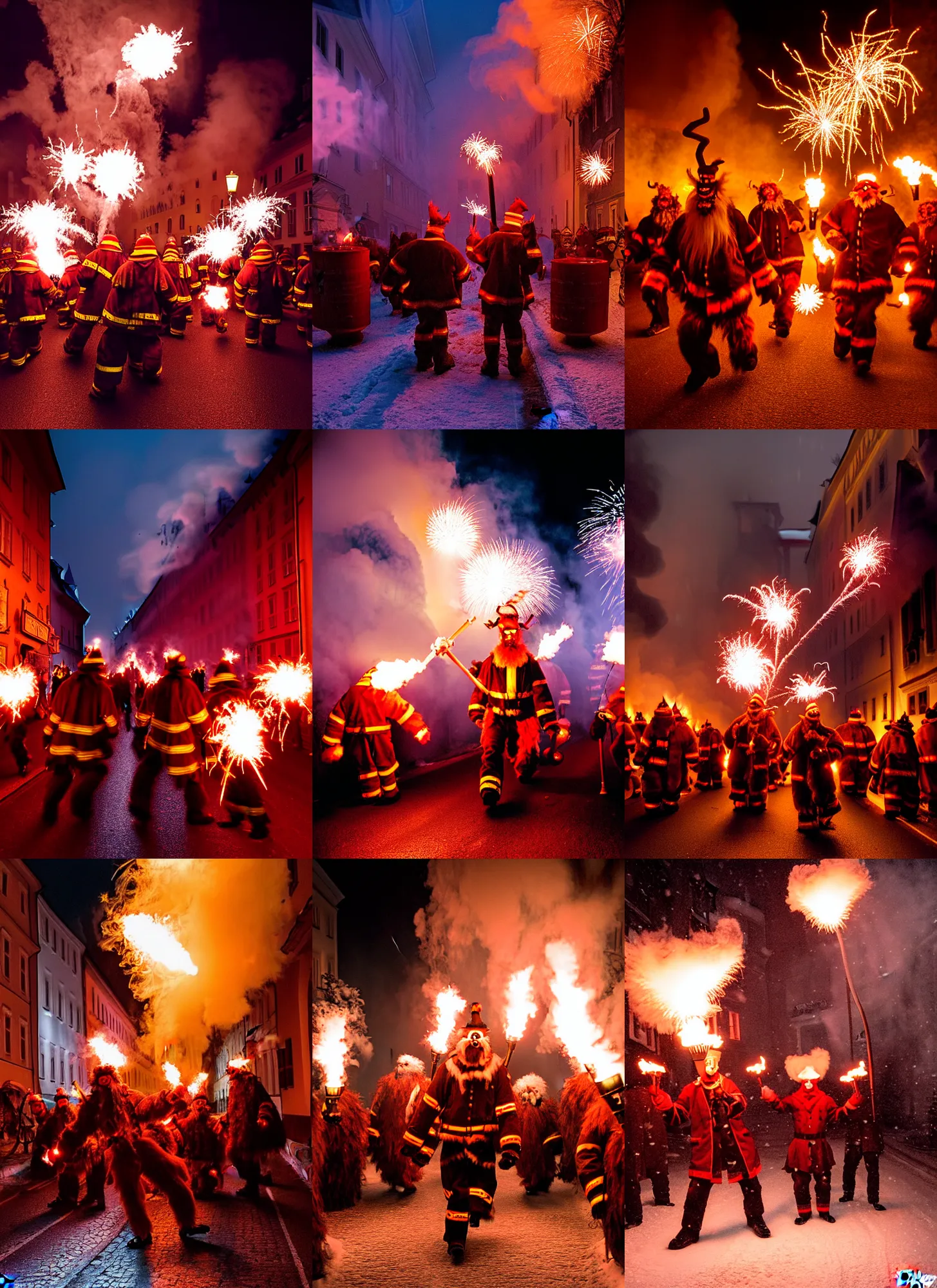 Image similar to kodak portra 4 0 0, winter, hellfire, award winning dynamic photograph of a bunch of hazardous krampus between fire barrels by robert capas, motion blur, in a narrow lane in salzburg at night with colourful pyro fireworks and torches