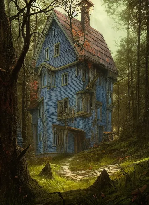 Prompt: hyper realistic homely ornate modern witch house distant down a path in the woods gorgeous lighting, blue sky, highly detailed, lush forest by zdzisław beksinski and norman rockwell and greg rutkowski weta studio, and lucasfilm