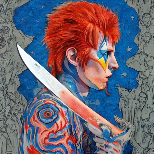 Image similar to Ziggy Stardust holding a Bowie knife, james jean, masterpiece