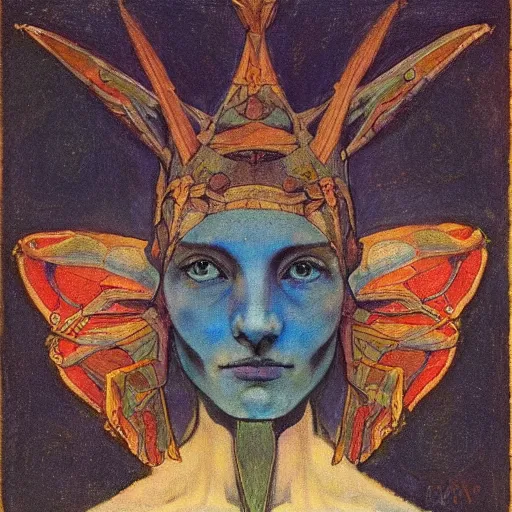 Prompt: the moth crown, by Annie Swynnerton and Nicholas Roerich, bioluminescent skin, tattoos, elaborate costume, geometric ornament, symbolist, smooth, sharp focus, extremely detailed