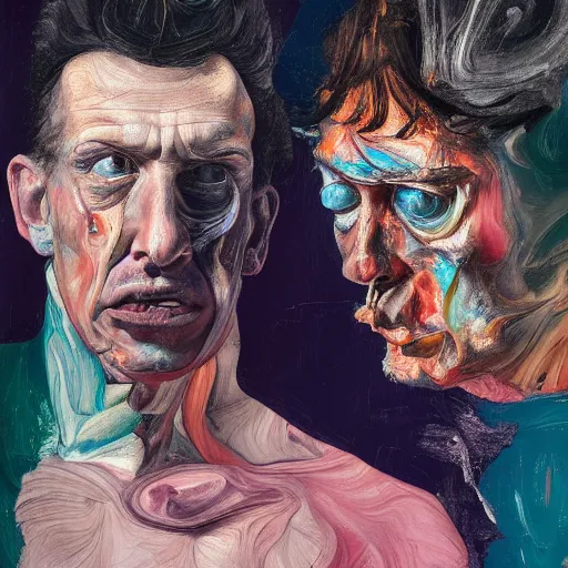 Image similar to high quality high detail painting of two extremely angry men by lucian freud and jenny saville and francis bacon and malcom liepke and nicola samori, hd, anxiety, turquoise and purple and orange and pink, dark atmosphere