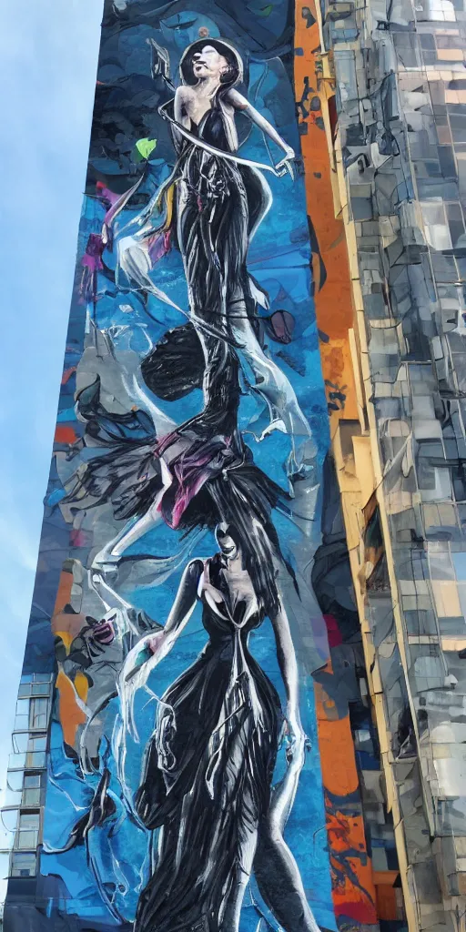 Prompt: graffiti mural of a witch on a futuristic scifi skyscraper