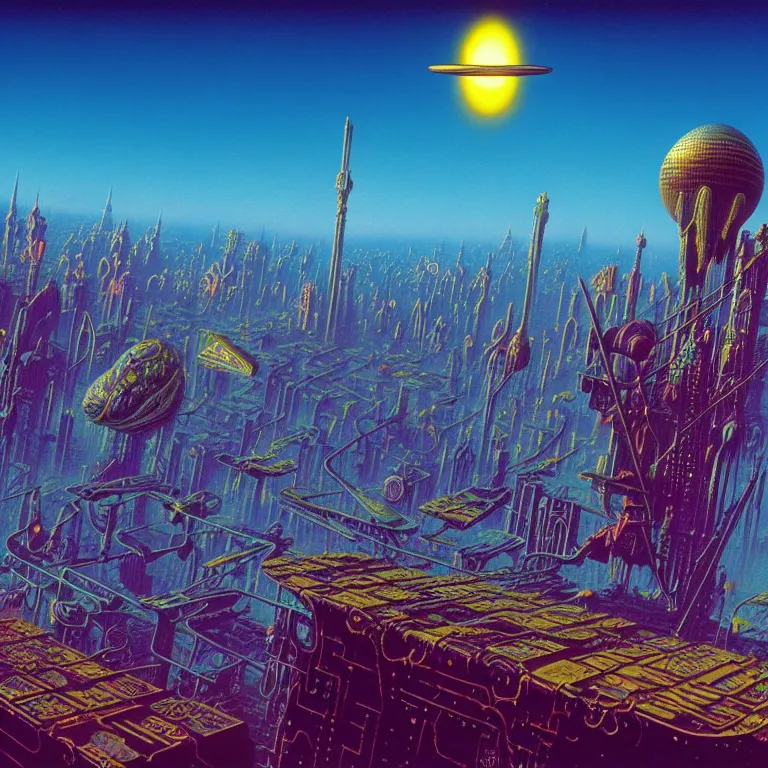 Image similar to mystical shimmering egg floats over post - apocalyptic city, synthwave, bright neon colors, highly detailed, cinematic, tim white, roger dean, michael whelan, caza, bob eggleton, philippe druillet, vladimir kush, kubrick, alfred kelsner, vallejo