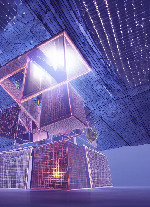 Image similar to Computer circuit on the surface of a hypercube, floating above a buzy city scape, global illumination, radiant light, detailed and intricate environment