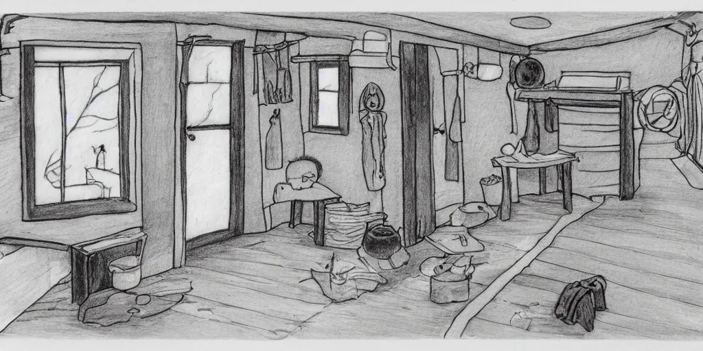 Image similar to studio Ghibli, the interior of a small cottage, black and white drawing