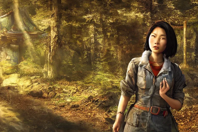 Image similar to fallout 5, charismatic beautiful rugged asian female protagonist, portrait, outdoors in forest area near a tori gate of a nearby shinto shrine, atmospheric lighting, painted, intricate, volumetric lighting, daytime, winter, clear weather, golden hour, sharp focus, ultra detailed, art by william turner