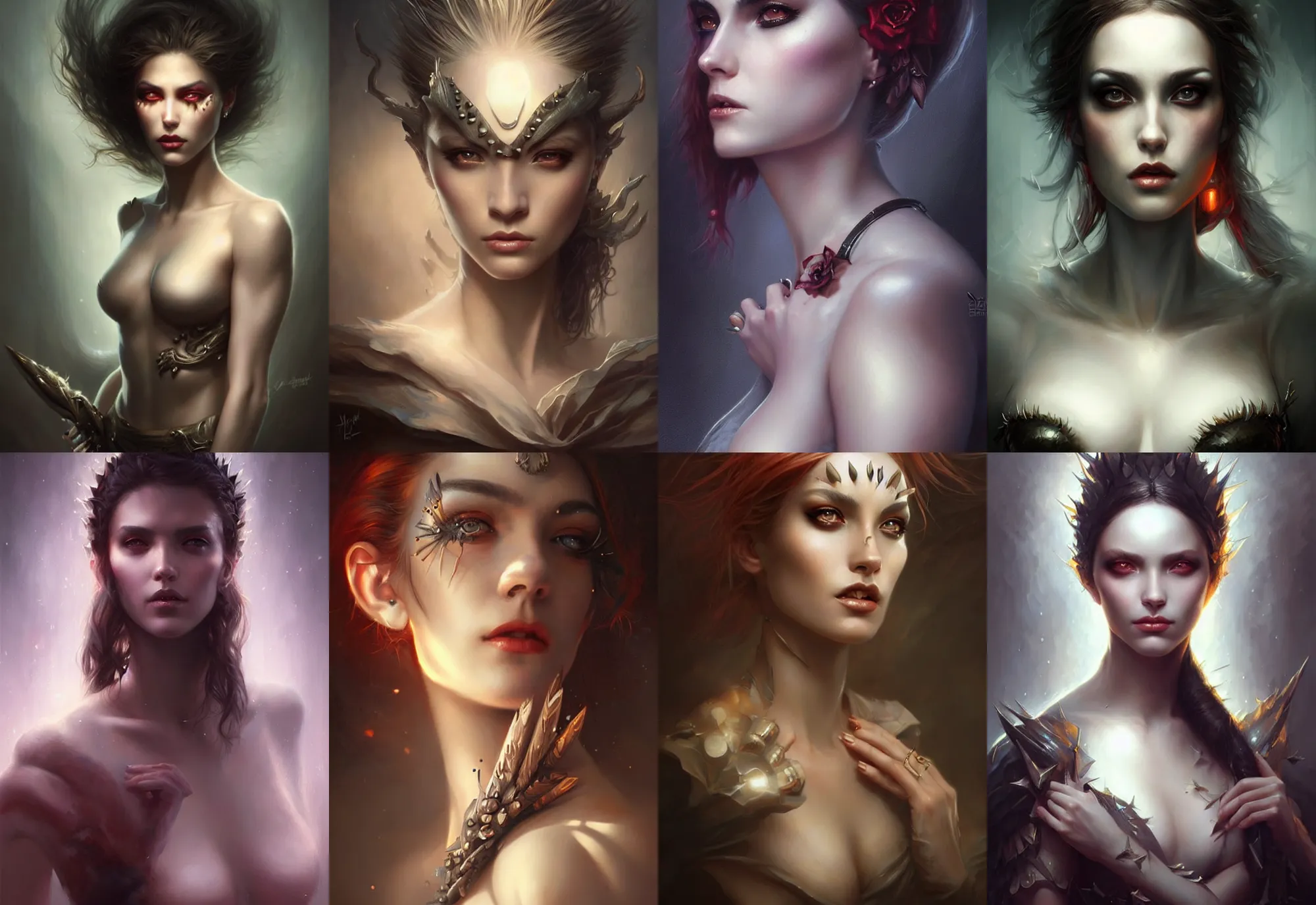 Image similar to a beautiful woman with face spikes, painted by artgerm and tom bagshaw, fantasy art, dramatic lighting, highly detailed oil painting