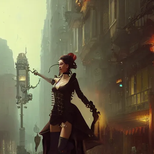 Image similar to a photograph of an attractive women in a steampunk city by greg rutkowski, sung choi, mitchell mohrhauser, maciej kuciara, johnson ting, maxim verehin, peter konig, 8 k photorealistic, cinematic lighting, hd, high details, dramatic, dark atmosphere, trending on artstation